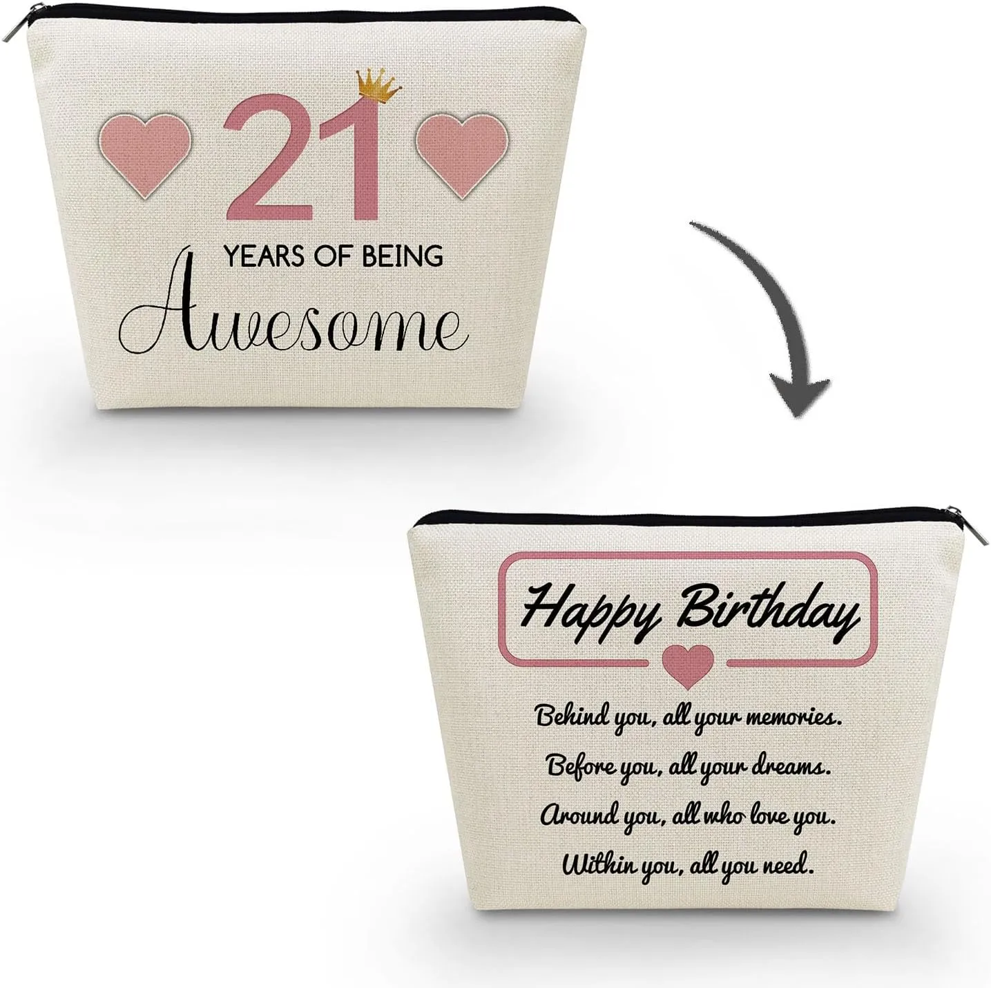 Awesome 21 Makeup Bag 21st Birthday Present Blessing Print Toiletry Organizer Canvas Zipper Pouch Birthday Party Accessories Happy Birthday Present for 21-year-old Lady Women Sisters