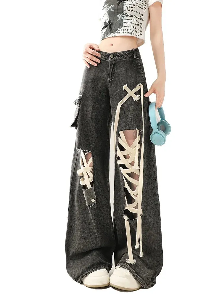 Back To School Joskaa Retro Lace Up Ripped Jeans for Women Y2k Chic Baggy Hole Punk Summer Do Old Wide Leg Denim Pants Hip Hop Causal Trousers