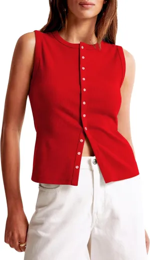BAIGRAM Women Button Down Fitted Ribbed Tank Tops Cute Summer Sleeveless Vest Tops Going Out Y2K Trendy