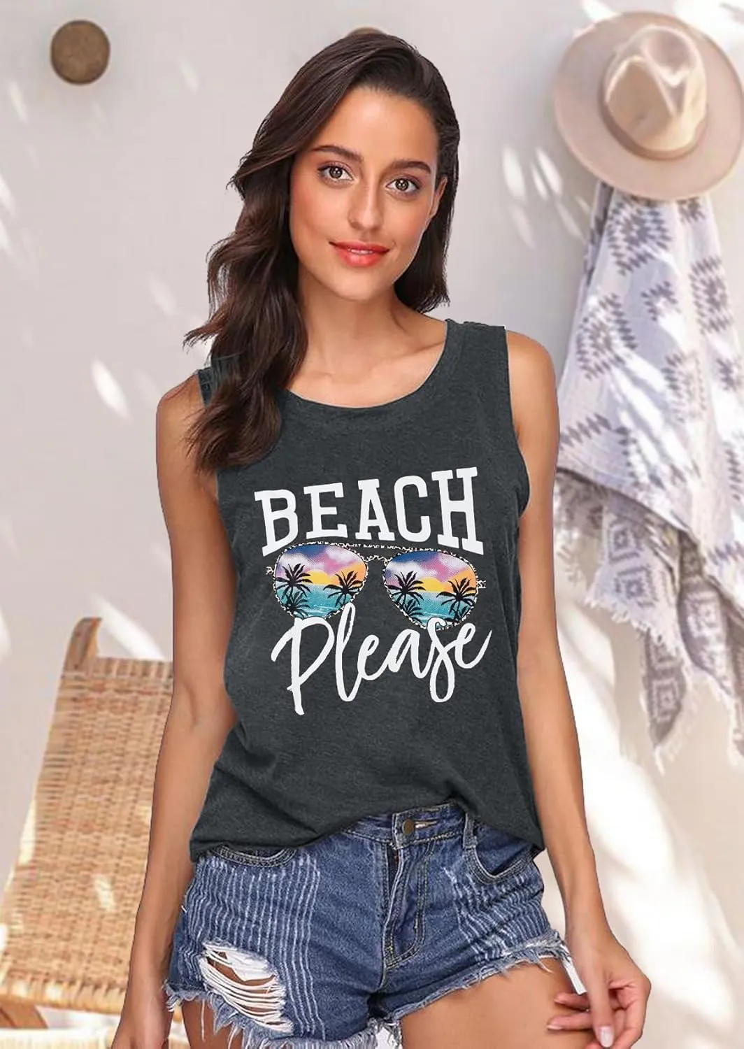 Beach Tanks for Women Beach Please Graphic Tank Top Funny Summer Sleeveless Hawaiian Vacation Vest Shirts