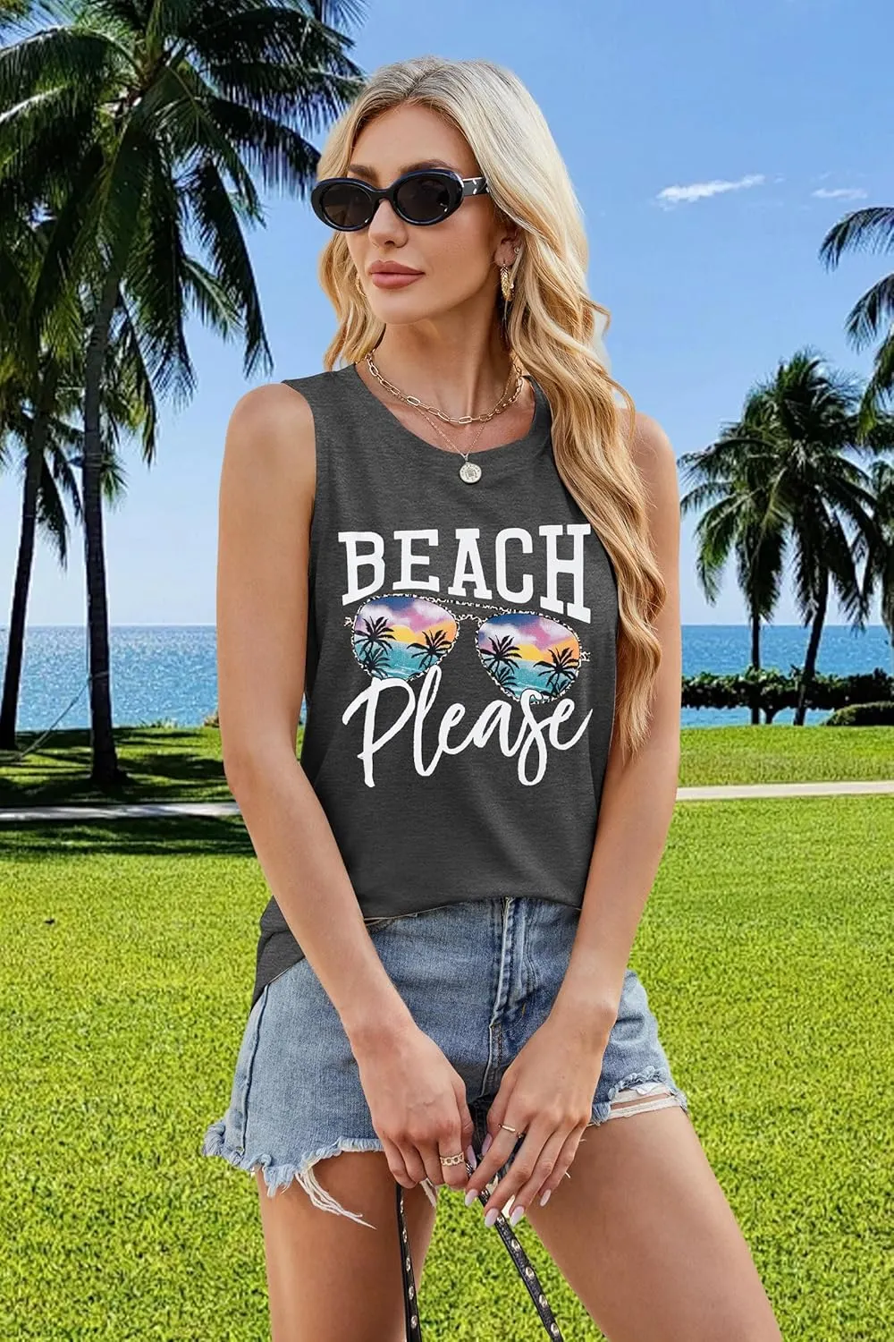 Beach Tanks for Women Beach Please Graphic Tank Top Funny Summer Sleeveless Hawaiian Vacation Vest Shirts