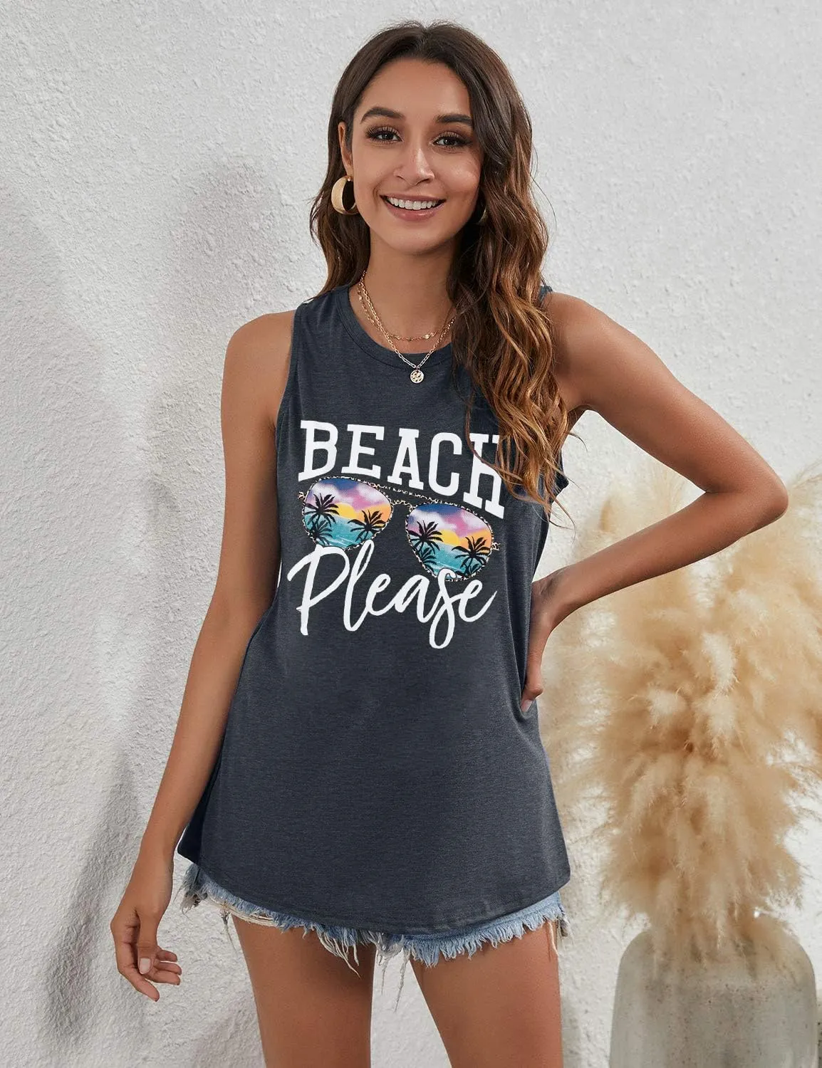 Beach Tanks for Women Beach Please Graphic Tank Top Funny Summer Sleeveless Hawaiian Vacation Vest Shirts