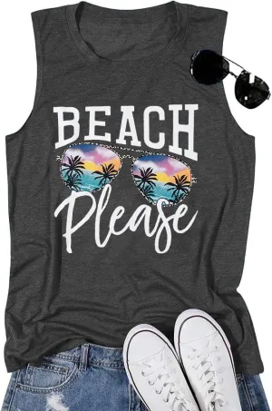 Beach Tanks for Women Beach Please Graphic Tank Top Funny Summer Sleeveless Hawaiian Vacation Vest Shirts