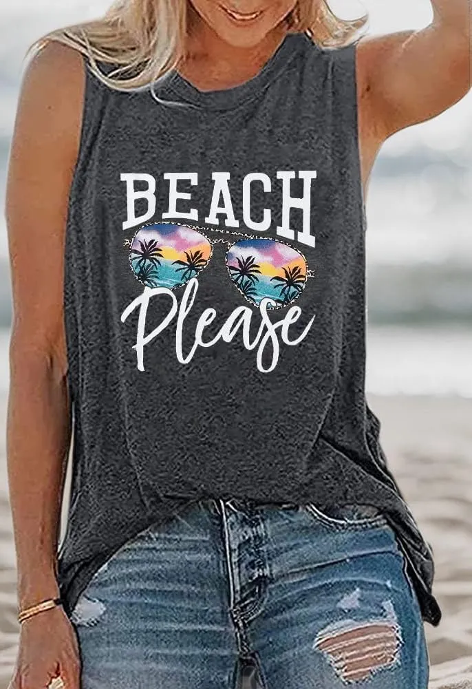 Beach Tanks for Women Beach Please Graphic Tank Top Funny Summer Sleeveless Hawaiian Vacation Vest Shirts