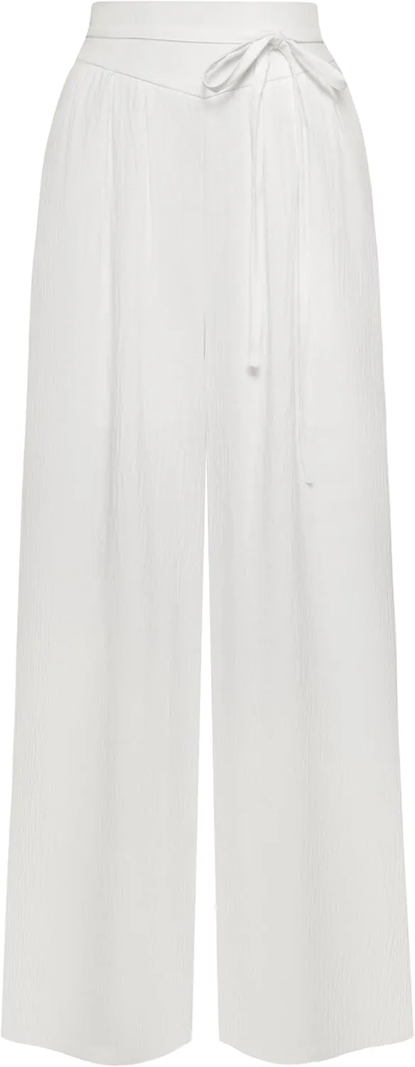 Belle Poque Women's High-Waisted Wide Leg Palazzo Pants - Elastic Waist, Flowy Boho Casual Summer Trousers with Pockets