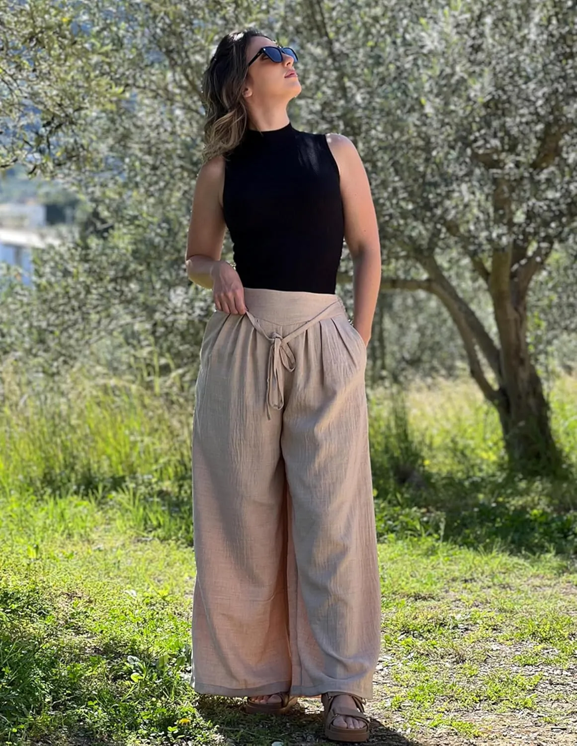 Belle Poque Women's High-Waisted Wide Leg Palazzo Pants - Elastic Waist, Flowy Boho Casual Summer Trousers with Pockets