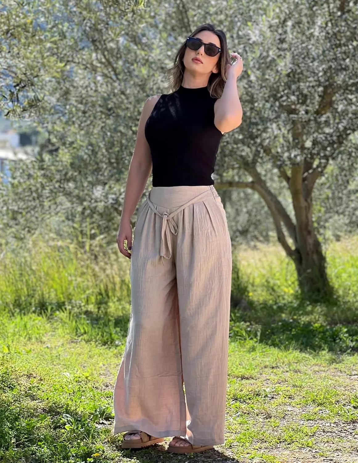 Belle Poque Women's High-Waisted Wide Leg Palazzo Pants - Elastic Waist, Flowy Boho Casual Summer Trousers with Pockets