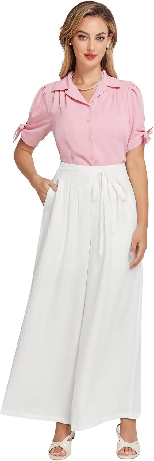 Belle Poque Women's High-Waisted Wide Leg Palazzo Pants - Elastic Waist, Flowy Boho Casual Summer Trousers with Pockets