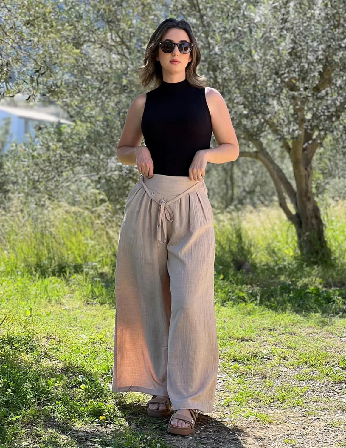 Belle Poque Women's High-Waisted Wide Leg Palazzo Pants - Elastic Waist, Flowy Boho Casual Summer Trousers with Pockets