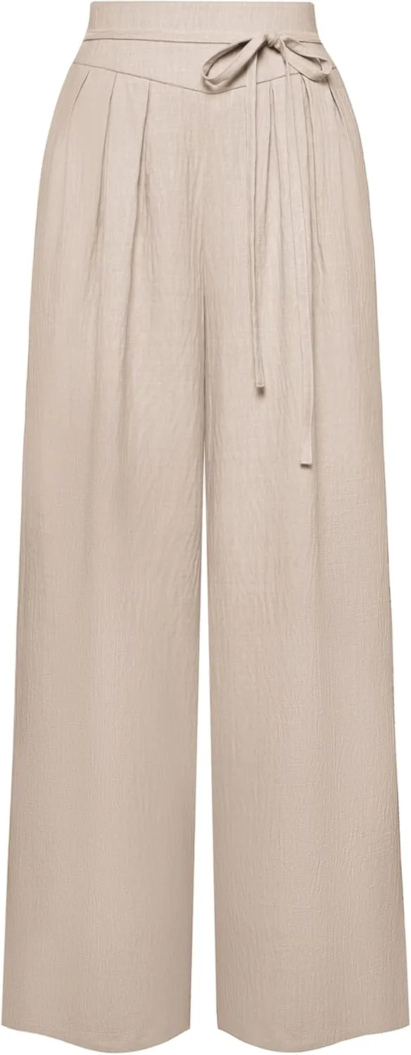 Belle Poque Women's High-Waisted Wide Leg Palazzo Pants - Elastic Waist, Flowy Boho Casual Summer Trousers with Pockets