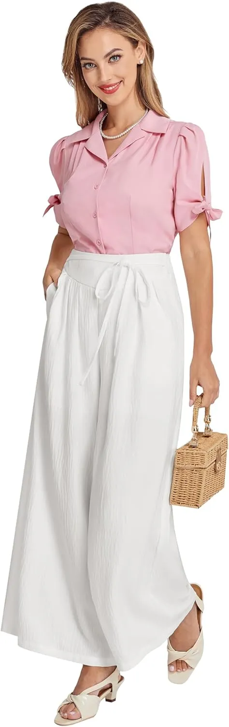 Belle Poque Women's High-Waisted Wide Leg Palazzo Pants - Elastic Waist, Flowy Boho Casual Summer Trousers with Pockets