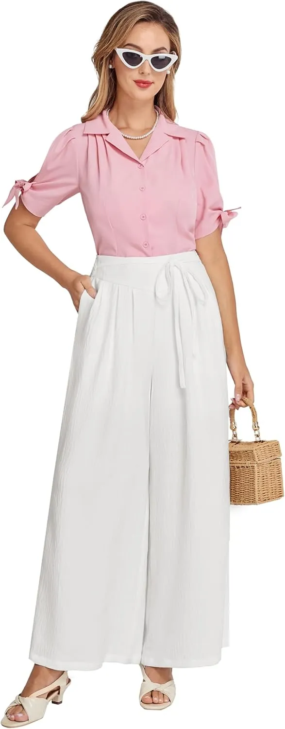 Belle Poque Women's High-Waisted Wide Leg Palazzo Pants - Elastic Waist, Flowy Boho Casual Summer Trousers with Pockets