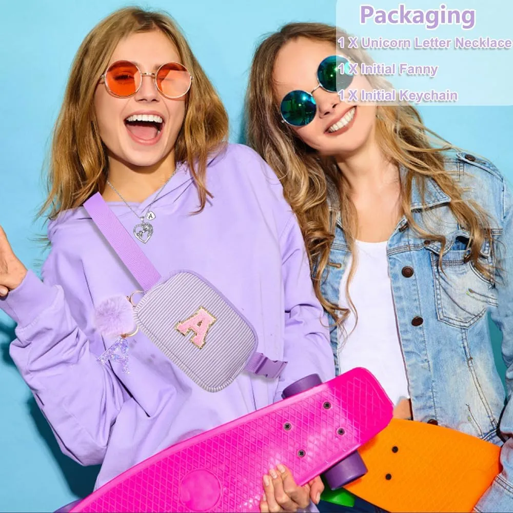 Belt Bag for Girls Birthday Gifts - Girls Fanny Pack Crossbody Bag Gifts for Teen Girls with Girls Initia Keychain Necklace K