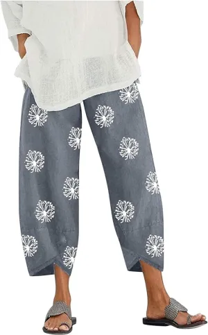 Bengbobar Linen Pants Women Retro Summer Capri Pants Print Casual Loose Trouser with Pocket Trendy Womens Lounge Pants