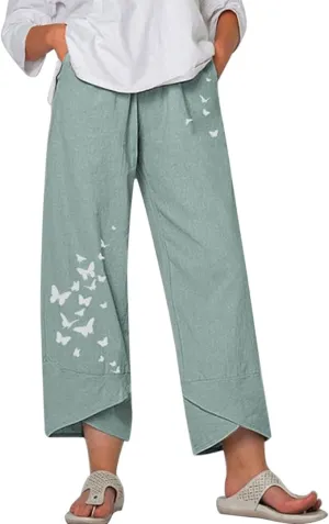 Bengbobar Linen Pants Women Retro Summer Capri Pants Print Casual Loose Trouser with Pocket Trendy Womens Lounge Pants