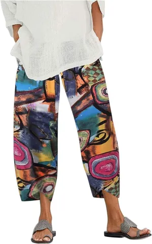 Bengbobar Linen Pants Women Retro Summer Capri Pants Print Casual Loose Trouser with Pocket Trendy Womens Lounge Pants