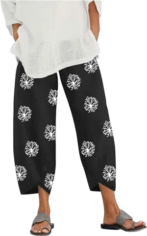 Bengbobar Linen Pants Women Retro Summer Capri Pants Print Casual Loose Trouser with Pocket Trendy Womens Lounge Pants
