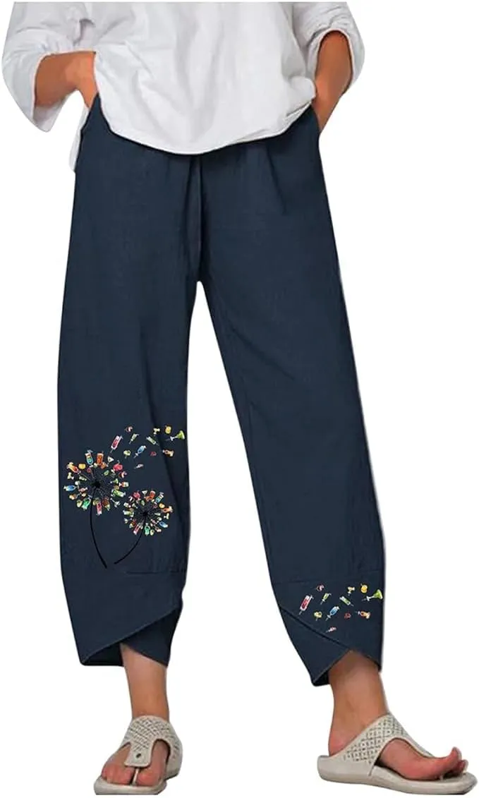 Bengbobar Linen Pants Women Retro Summer Capri Pants Print Casual Loose Trouser with Pocket Trendy Womens Lounge Pants