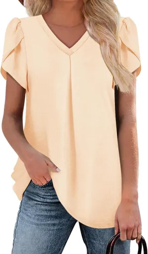 BETTE BOUTIK Womens V Neck Short Sleeve Summer Tops Button Down Pleated Tunic Tops Shirts S-3XL