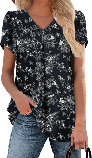 BETTE BOUTIK Womens V Neck Short Sleeve Summer Tops Button Down Pleated Tunic Tops Shirts S-3XL