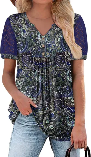 BETTE BOUTIK Womens V Neck Short Sleeve Summer Tops Button Down Pleated Tunic Tops Shirts S-3XL