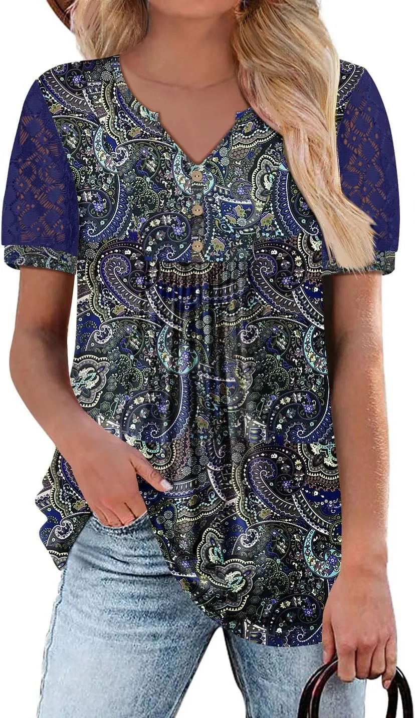 BETTE BOUTIK Womens V Neck Short Sleeve Summer Tops Button Down Pleated Tunic Tops Shirts S-3XL