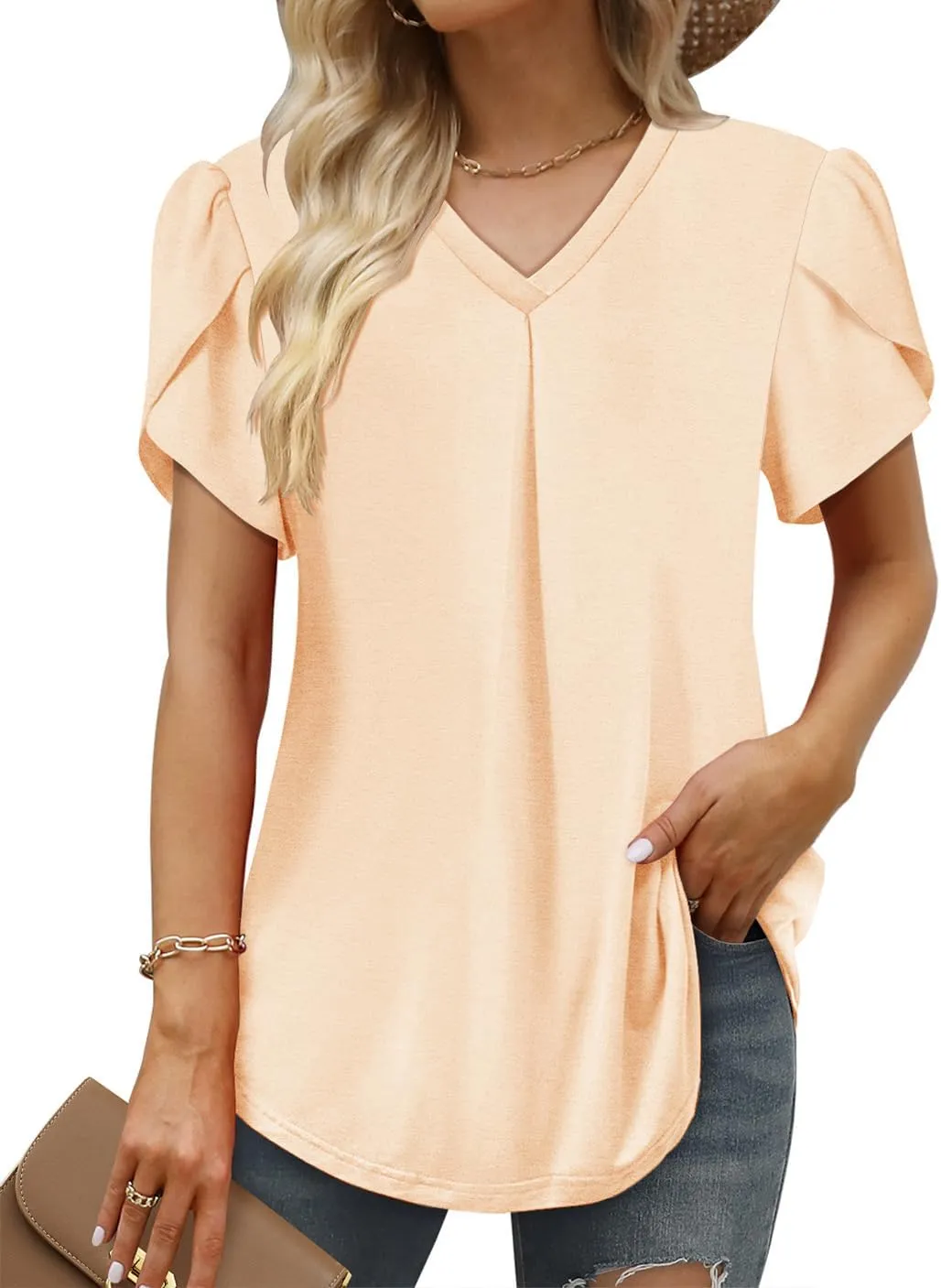BETTE BOUTIK Womens V Neck Short Sleeve Summer Tops Button Down Pleated Tunic Tops Shirts S-3XL