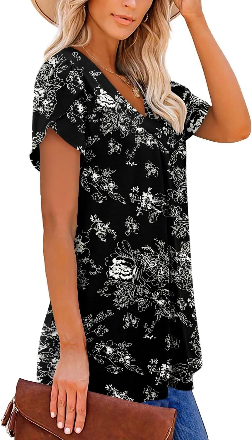 BETTE BOUTIK Womens V Neck Short Sleeve Summer Tops Button Down Pleated Tunic Tops Shirts S-3XL