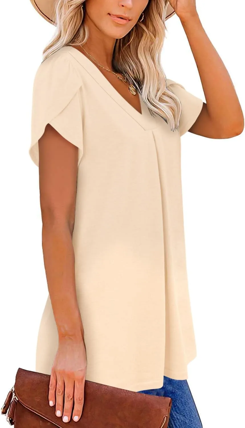 BETTE BOUTIK Womens V Neck Short Sleeve Summer Tops Button Down Pleated Tunic Tops Shirts S-3XL