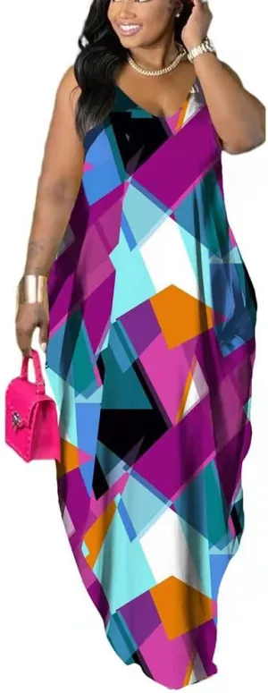 BFFBABY Womens Summer Suspender Maxi Dress Plus Size Striped Printed Sleeveless with Pockets and Belt