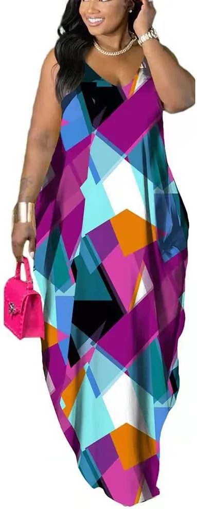 BFFBABY Womens Summer Suspender Maxi Dress Plus Size Striped Printed Sleeveless with Pockets and Belt