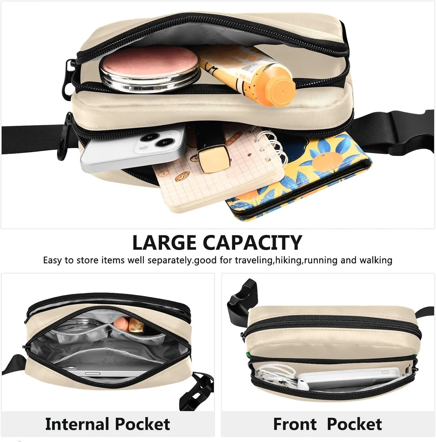 Blanched Almond Belt Bag Fashion Travel Chest Bag Lightweight Crossbody Bags with Adjustable Strap