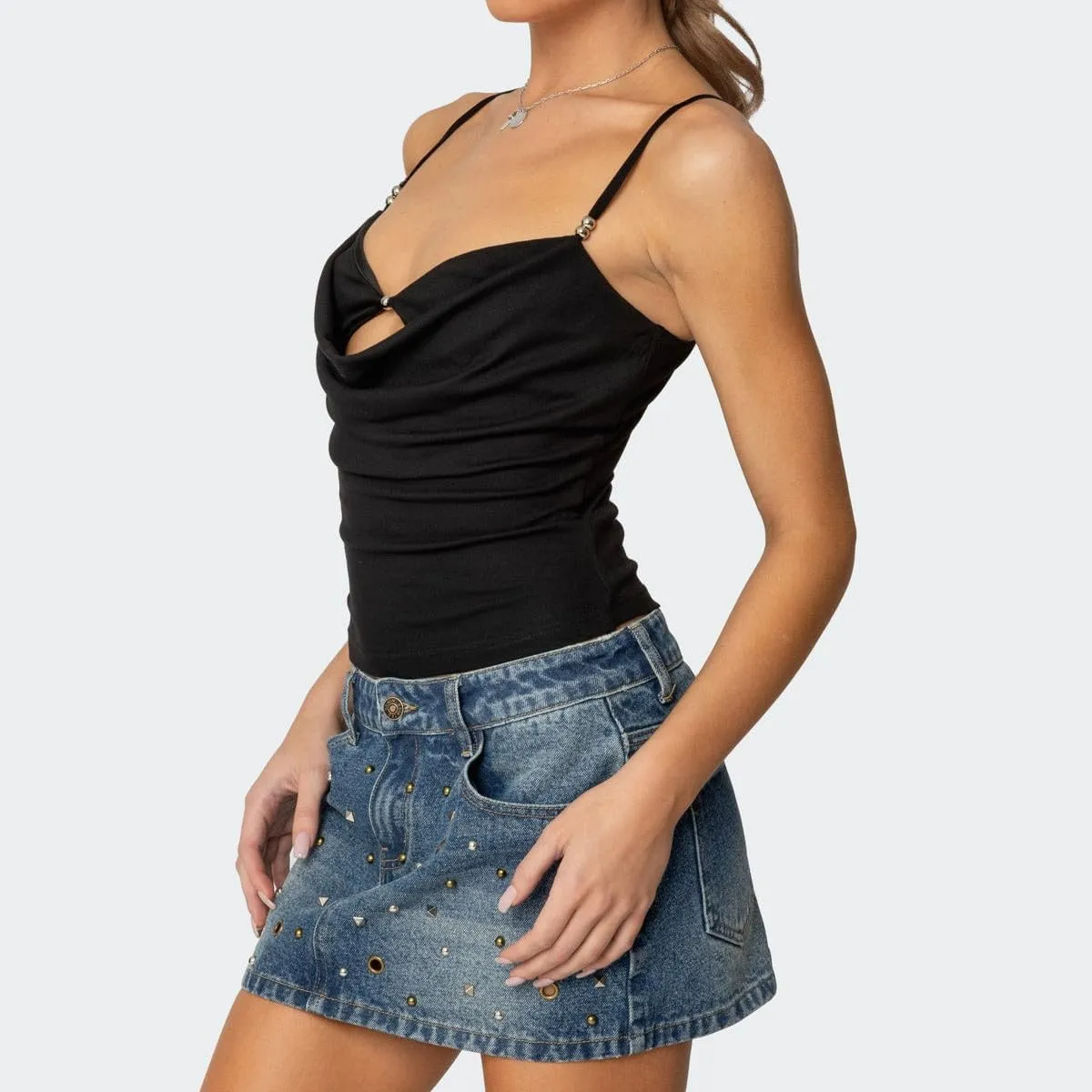 Bocymolay Women Going Out Tank Tops Slim Fitted Low Neck Cutout Backless Camisole Sexy Party Clubwear Shirts