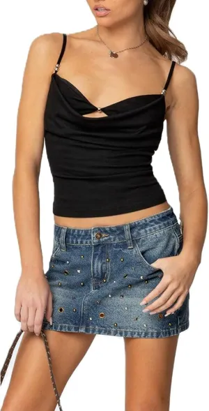Bocymolay Women Going Out Tank Tops Slim Fitted Low Neck Cutout Backless Camisole Sexy Party Clubwear Shirts