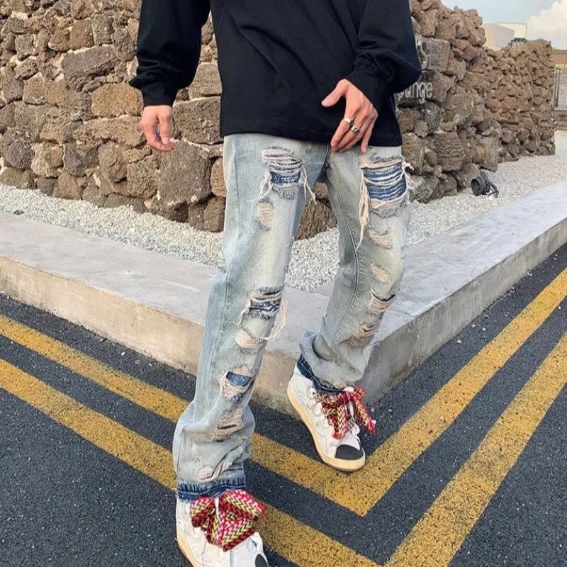 Bonsir High Street Hole Ripped Vintage Men Hip Hop Baggy Jeans Trousers Punk Distressed Retro Washed Straight Denim Pants Pantalon
