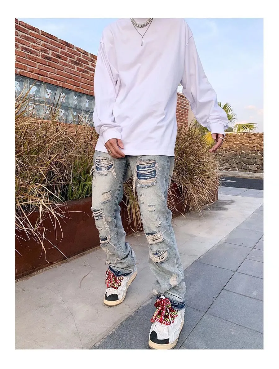 Bonsir High Street Hole Ripped Vintage Men Hip Hop Baggy Jeans Trousers Punk Distressed Retro Washed Straight Denim Pants Pantalon