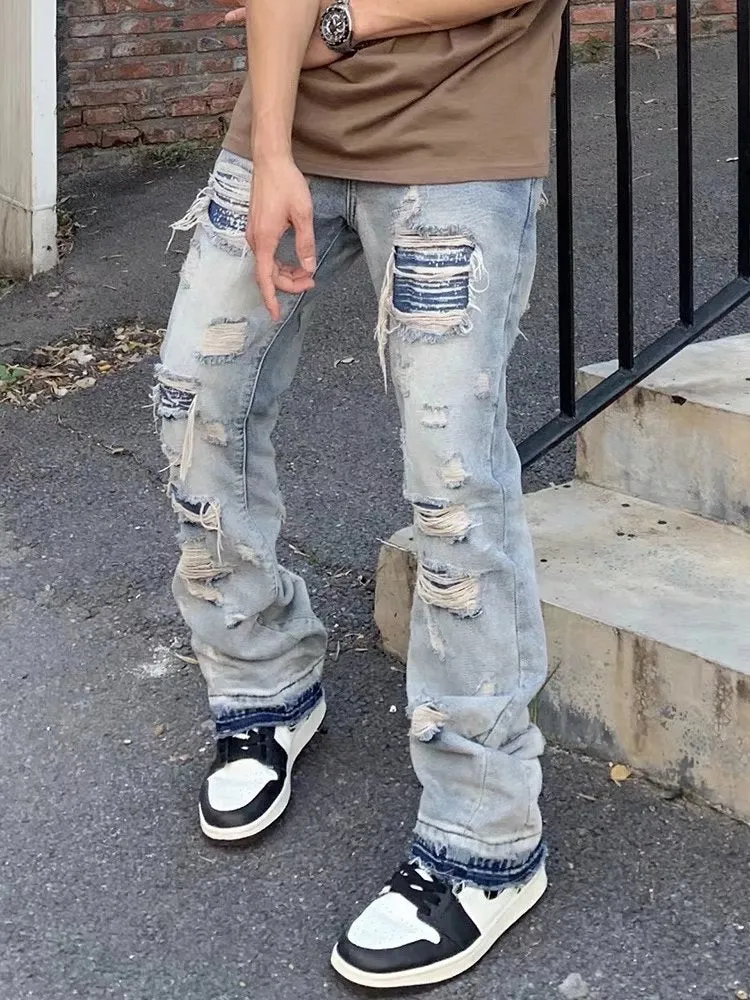 Bonsir High Street Hole Ripped Vintage Men Hip Hop Baggy Jeans Trousers Punk Distressed Retro Washed Straight Denim Pants Pantalon