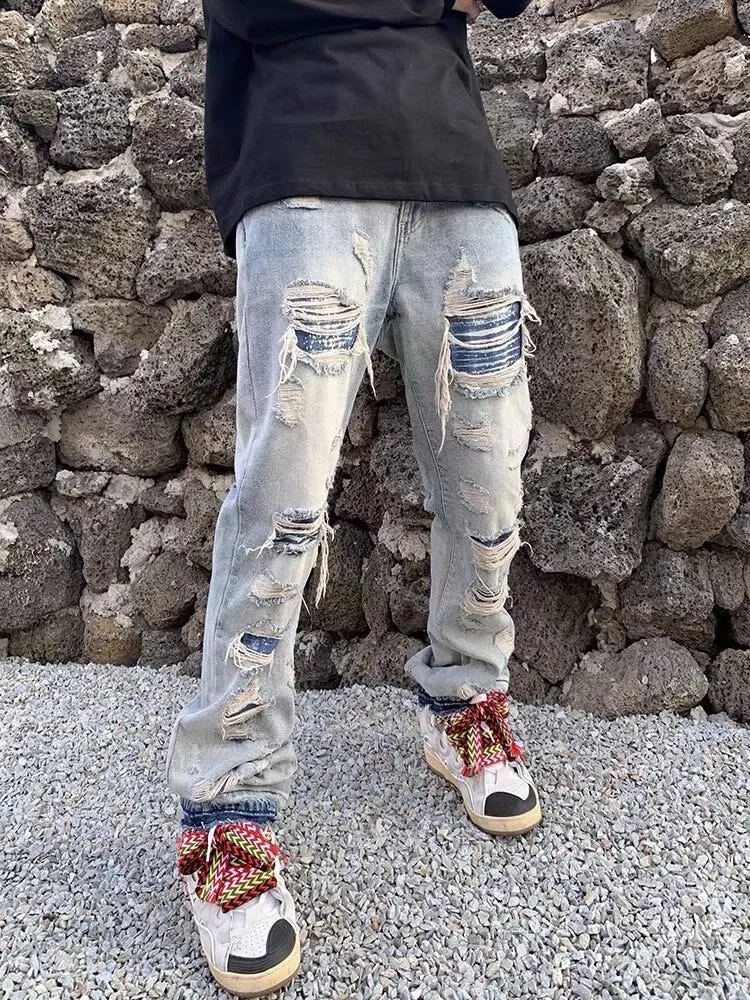 Bonsir High Street Hole Ripped Vintage Men Hip Hop Baggy Jeans Trousers Punk Distressed Retro Washed Straight Denim Pants Pantalon