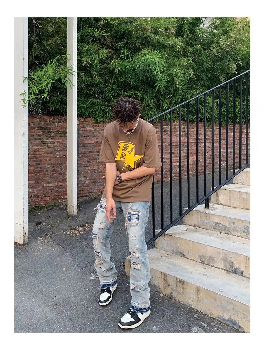 Bonsir High Street Hole Ripped Vintage Men Hip Hop Baggy Jeans Trousers Punk Distressed Retro Washed Straight Denim Pants Pantalon