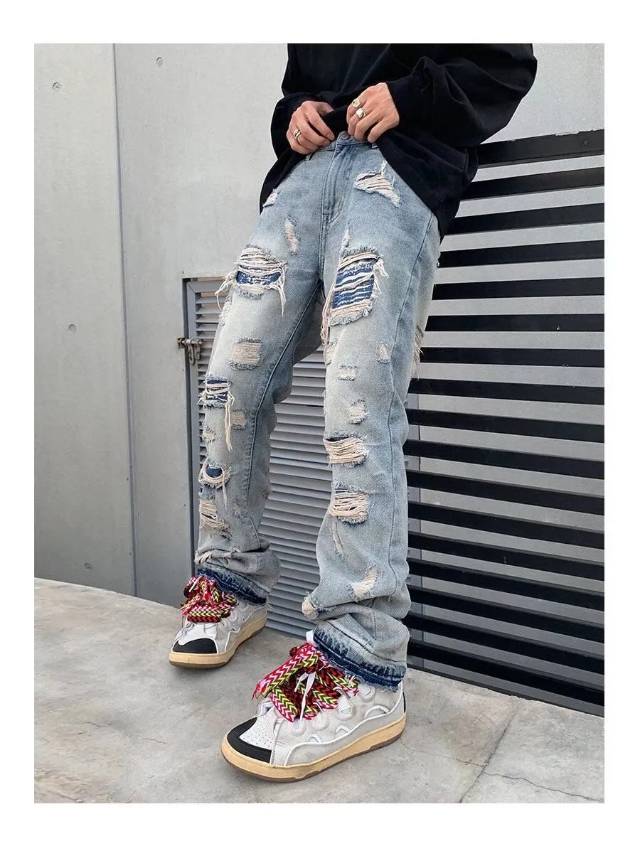 Bonsir High Street Hole Ripped Vintage Men Hip Hop Baggy Jeans Trousers Punk Distressed Retro Washed Straight Denim Pants Pantalon