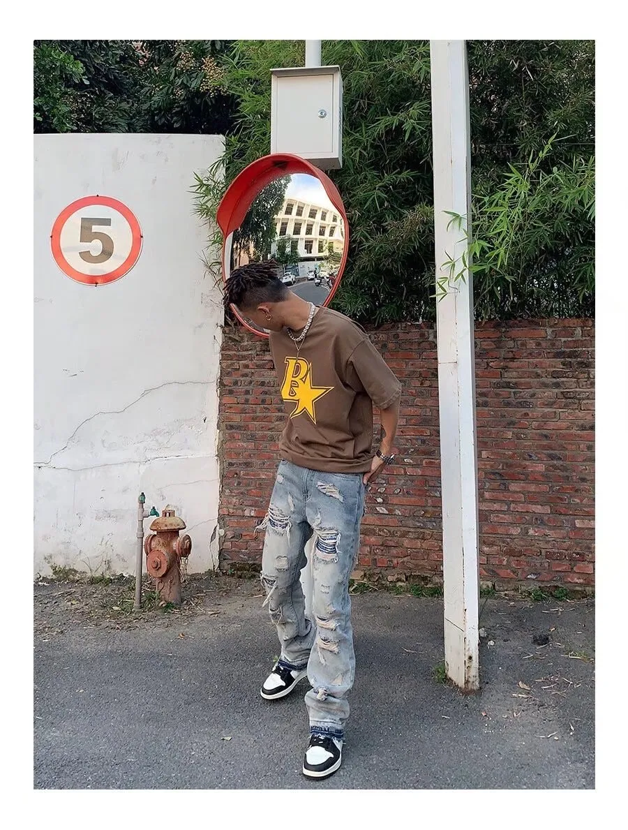 Bonsir High Street Hole Ripped Vintage Men Hip Hop Baggy Jeans Trousers Punk Distressed Retro Washed Straight Denim Pants Pantalon