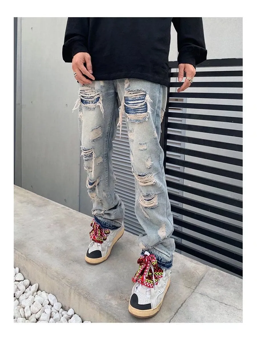 Bonsir High Street Hole Ripped Vintage Men Hip Hop Baggy Jeans Trousers Punk Distressed Retro Washed Straight Denim Pants Pantalon