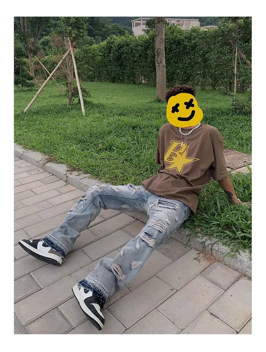 Bonsir High Street Hole Ripped Vintage Men Hip Hop Baggy Jeans Trousers Punk Distressed Retro Washed Straight Denim Pants Pantalon