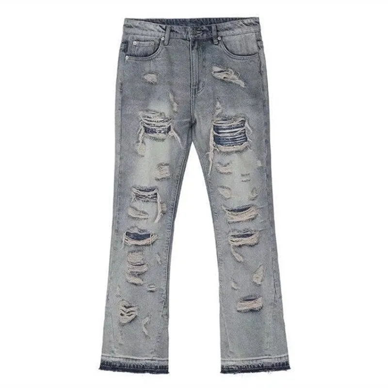 Bonsir High Street Hole Ripped Vintage Men Hip Hop Baggy Jeans Trousers Punk Distressed Retro Washed Straight Denim Pants Pantalon