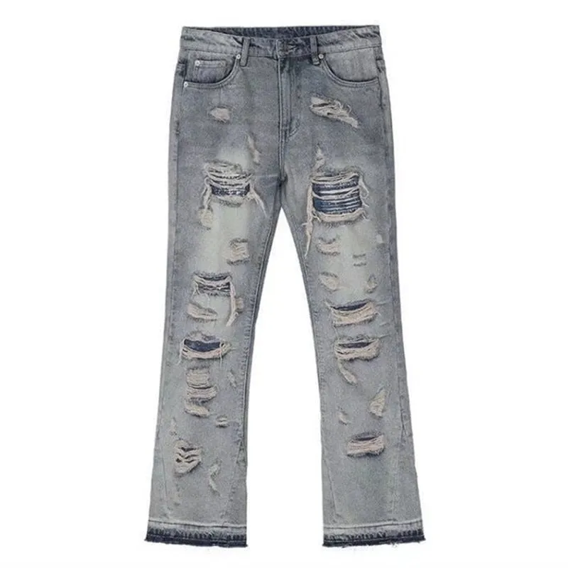 Bonsir High Street Hole Ripped Vintage Men Hip Hop Baggy Jeans Trousers Punk Distressed Retro Washed Straight Denim Pants Pantalon