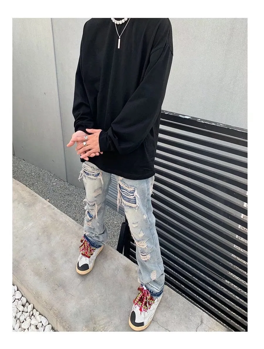 Bonsir High Street Hole Ripped Vintage Men Hip Hop Baggy Jeans Trousers Punk Distressed Retro Washed Straight Denim Pants Pantalon