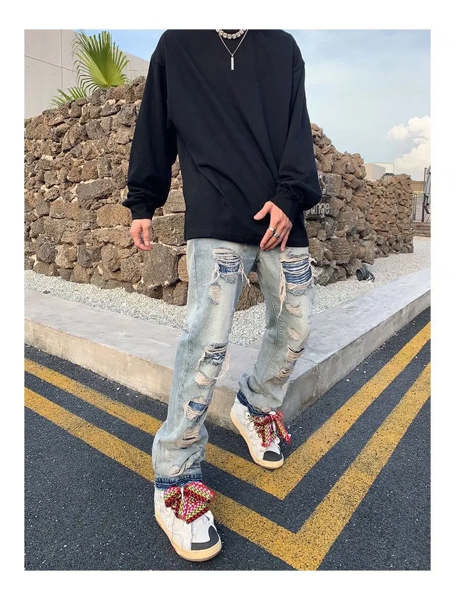 Bonsir High Street Hole Ripped Vintage Men Hip Hop Baggy Jeans Trousers Punk Distressed Retro Washed Straight Denim Pants Pantalon