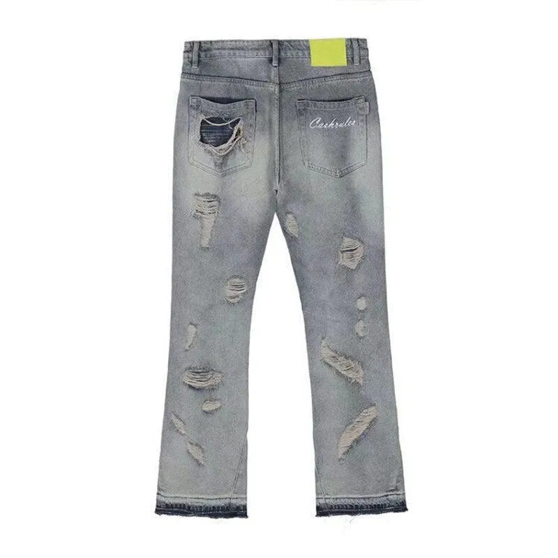 Bonsir High Street Hole Ripped Vintage Men Hip Hop Baggy Jeans Trousers Punk Distressed Retro Washed Straight Denim Pants Pantalon