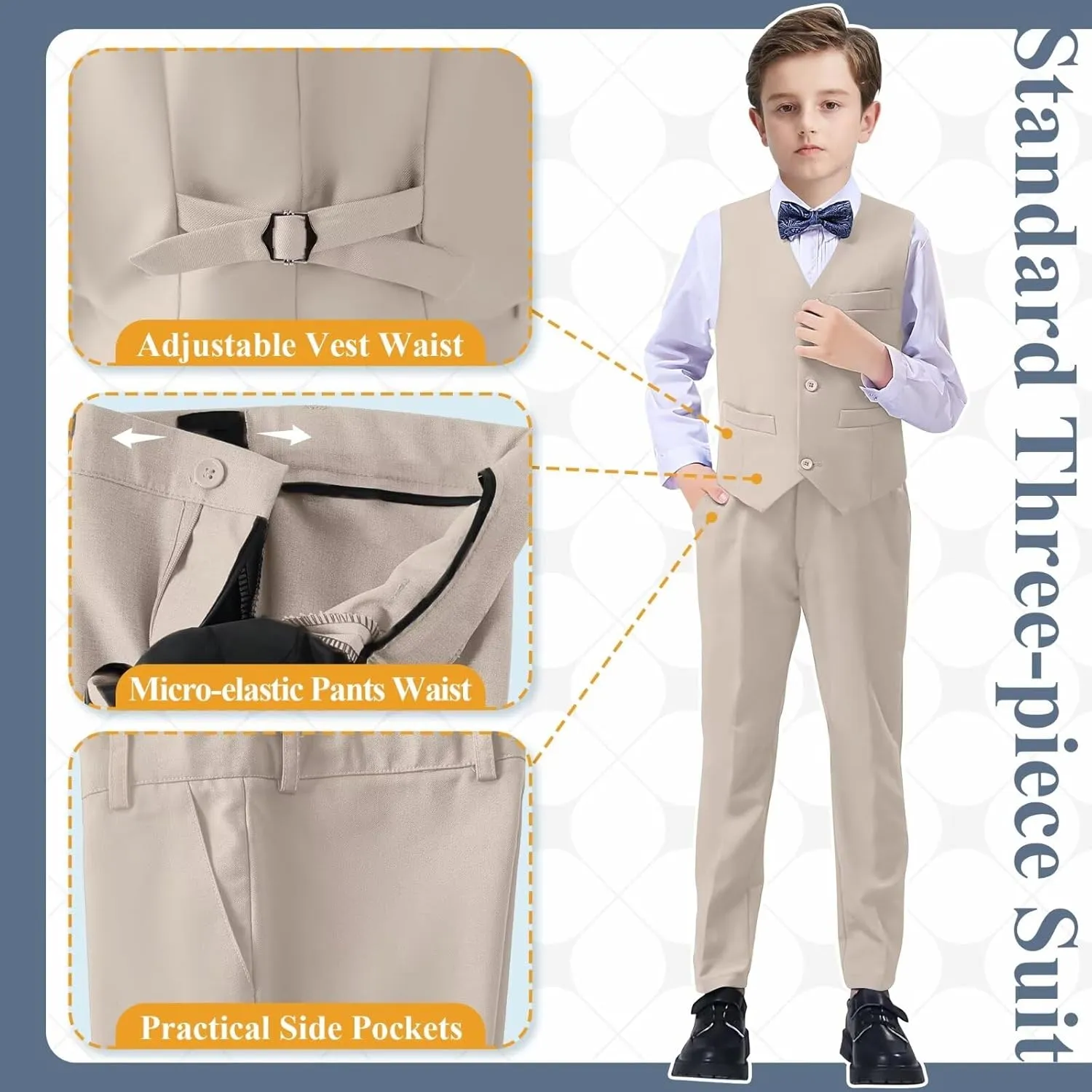 Boy's Suit Slim Fit Formal 3 Pieces Suit Set, Dress Suit Blazer Vest Pants, Kids Wedding Ring Bearer Outfit Size 2T-20