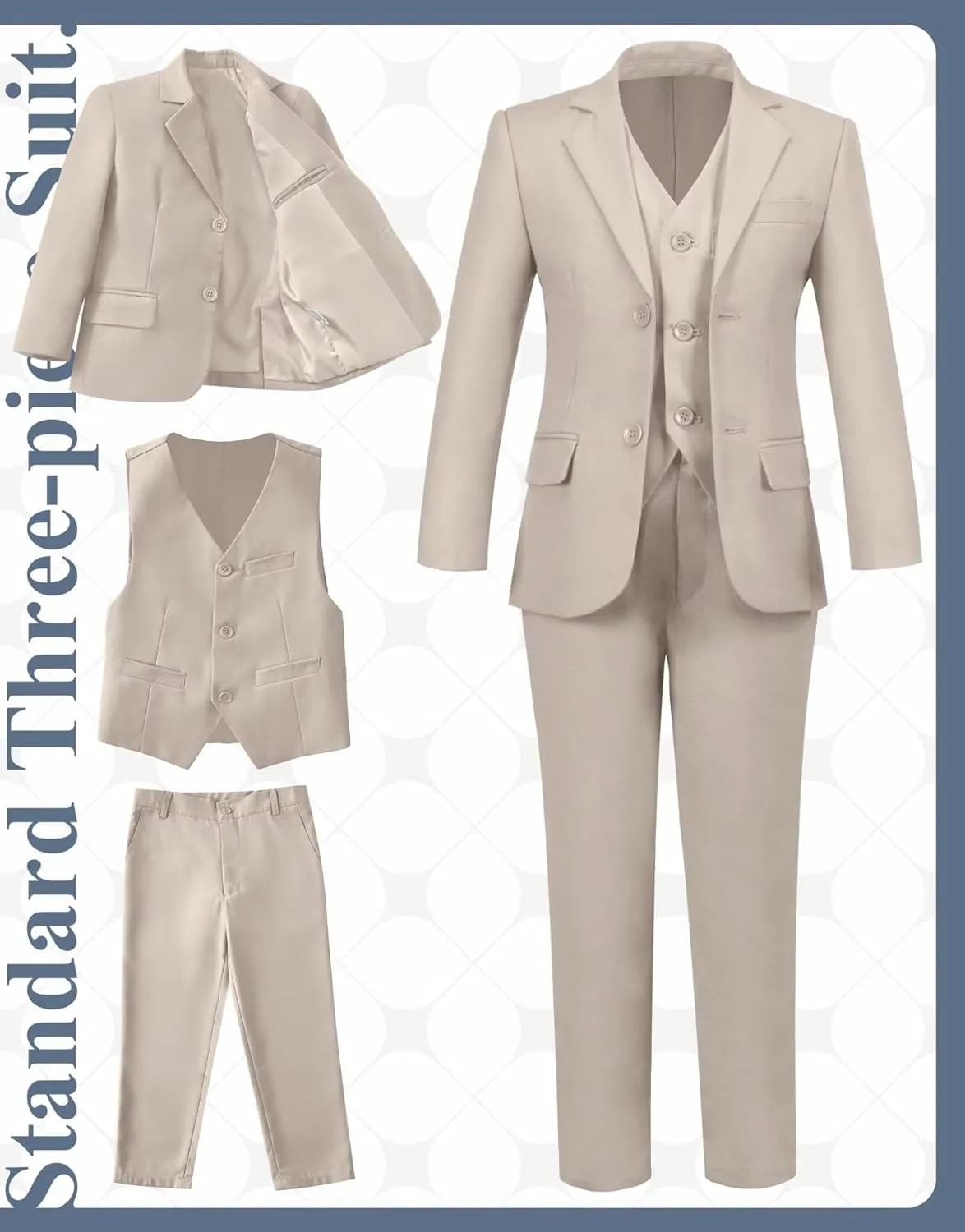 Boy's Suit Slim Fit Formal 3 Pieces Suit Set, Dress Suit Blazer Vest Pants, Kids Wedding Ring Bearer Outfit Size 2T-20